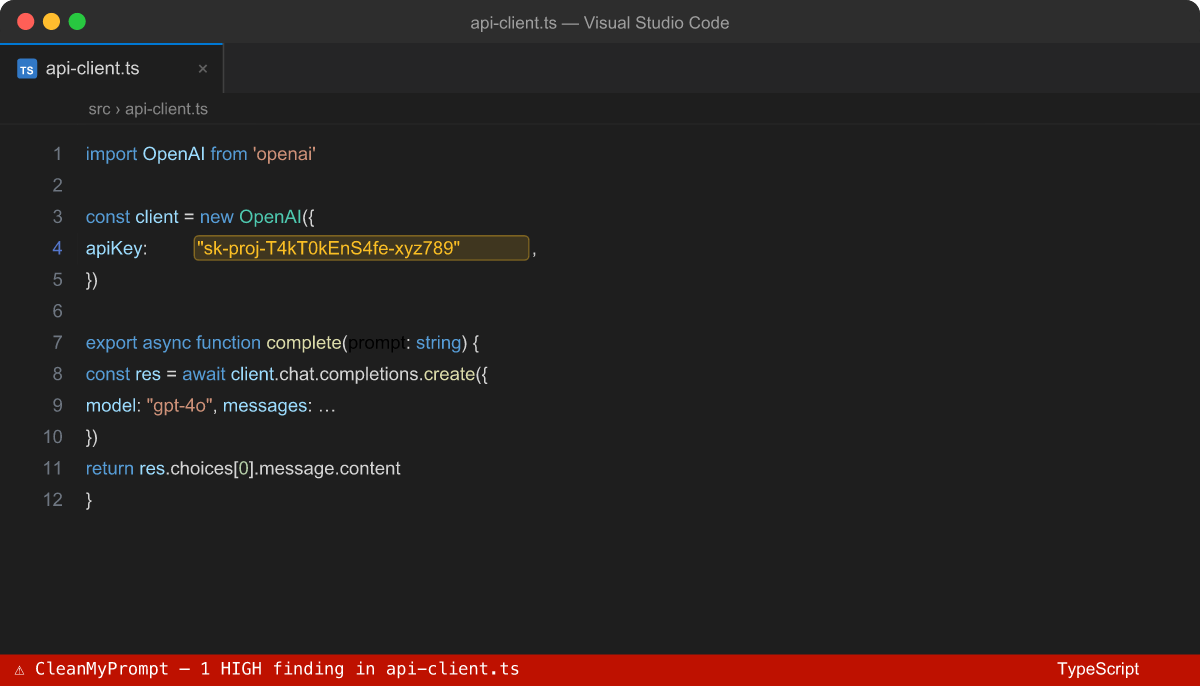 CleanMyPrompt demo — inline squiggles and one-click redact