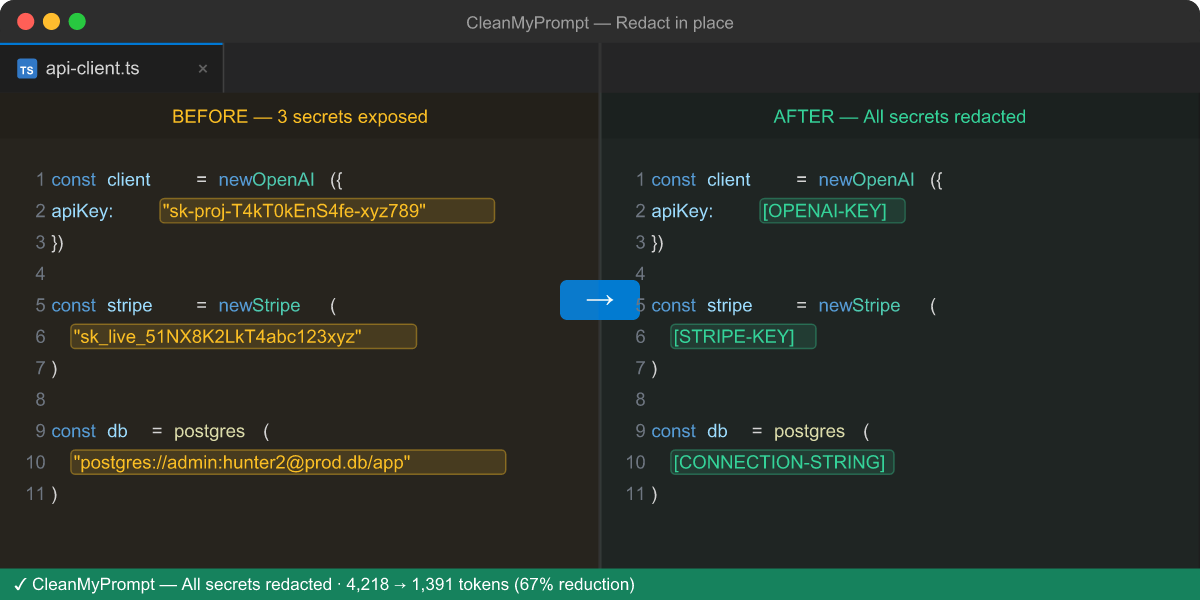 Right-click → Redact replaces secrets with safe placeholders